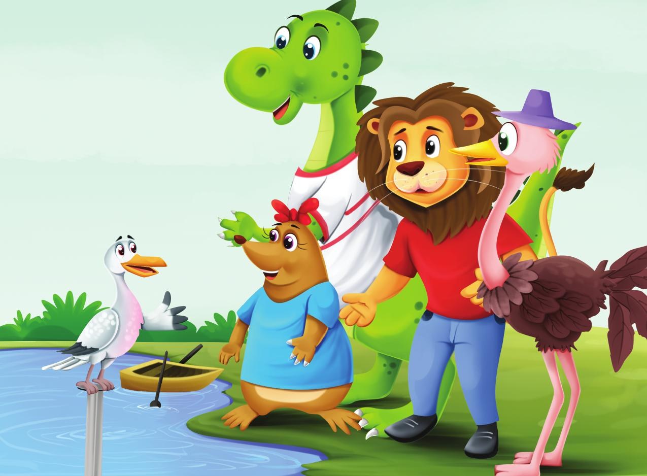 Página del libro con Milo y sus amigos buscando junto al canal